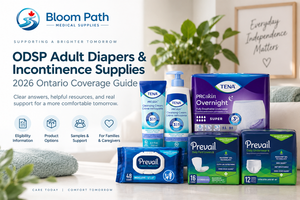 Adult diapers, pull-ups, underpads and incontinence care supplies featured in Bloom Path's 2026 ODSP coverage guide for Ontario.